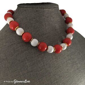 Vintage Red White & Gold Tone Lucite Beaded Necklace